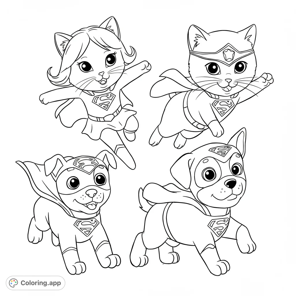 Unleash your creativity with this adorable superhero pets coloring page! Featuring four heroic cats and dogs ready for action, perfect for kids.