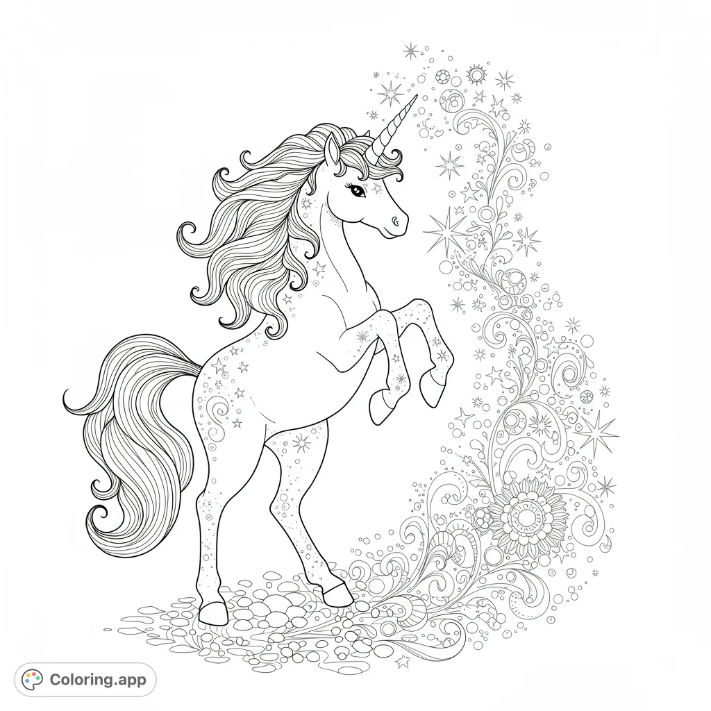 A majestic unicorn rears amidst a swirl of stars and intricate patterns, perfect for a magical coloring adventure.