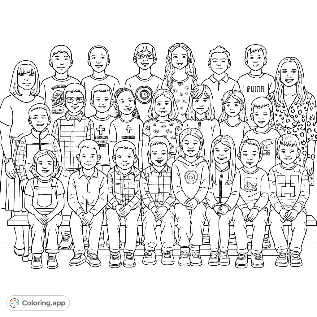 Capture the joy of a diverse school group in this free printable class photo coloring page. Perfect for all ages to personalize!