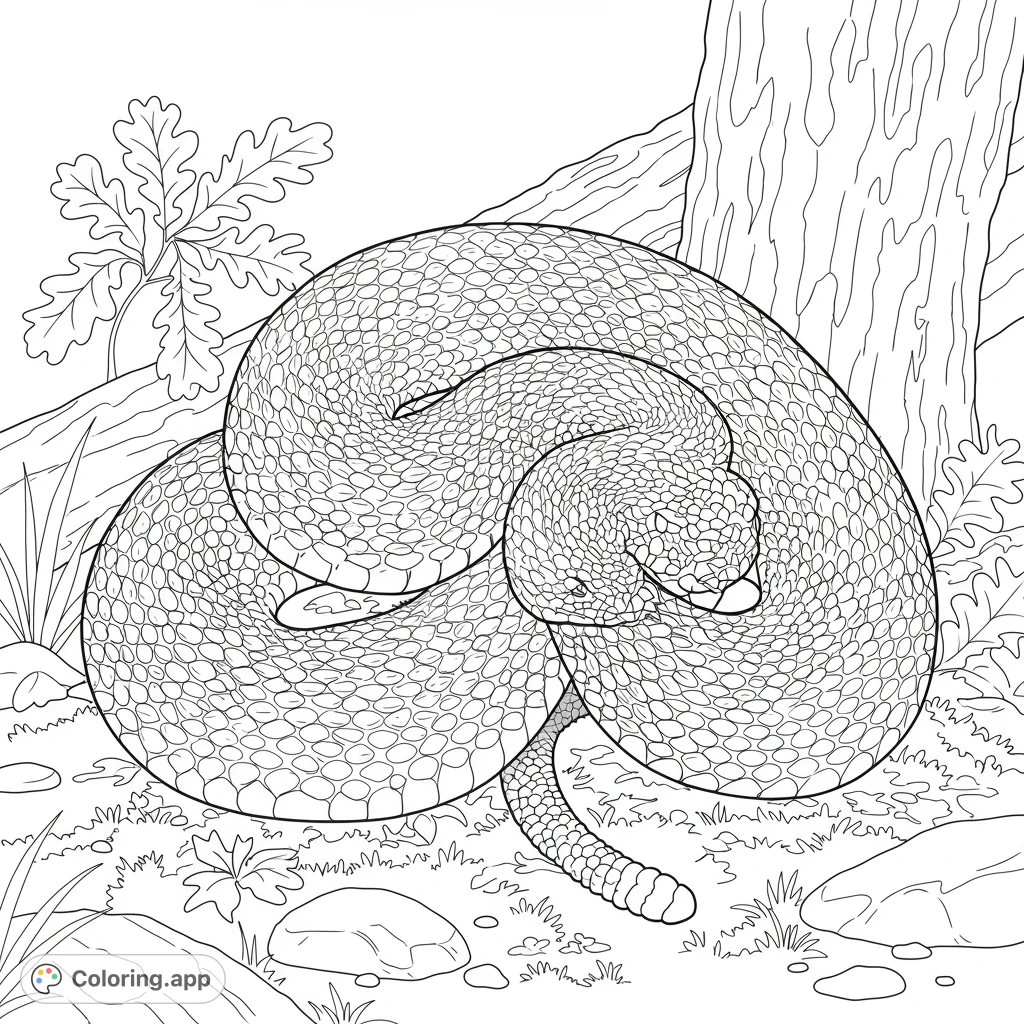 A detailed timber rattlesnake coiled on a forest floor, featuring intricate scales and forest elements. Perfect for nature enthusiasts.