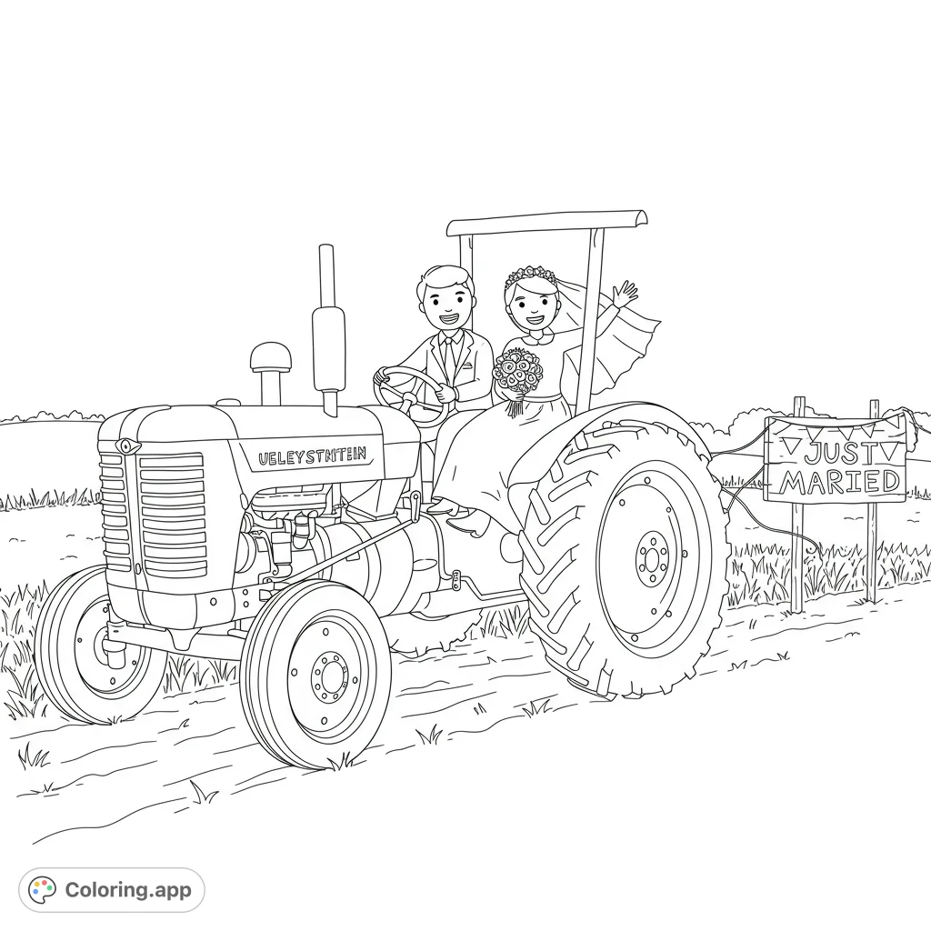 Celebrate love with this charming country wedding tractor coloring page. A happy newlywed couple rides a vintage tractor through a scenic rural landscape.
