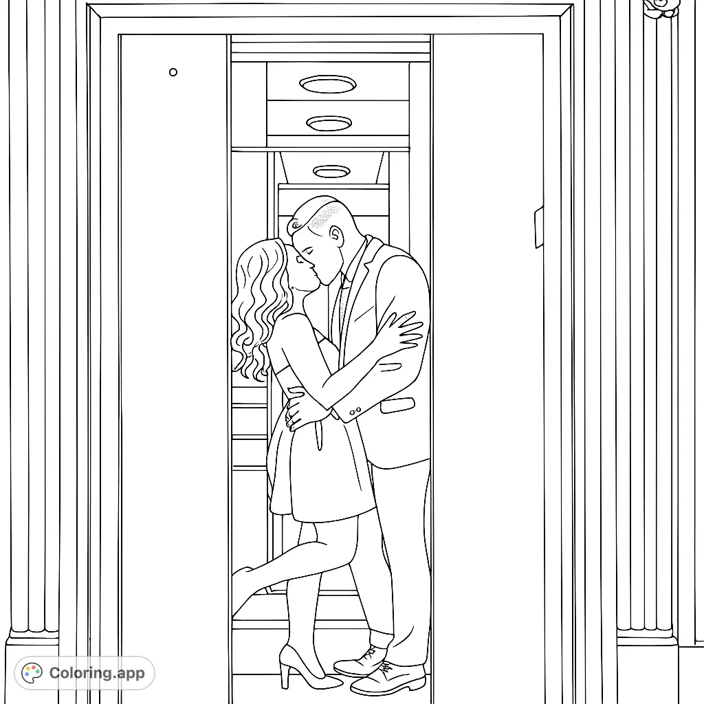 A romantic couple shares a passionate kiss in an elegant doorway, perfect for a love-themed coloring page. Free printable for adults.