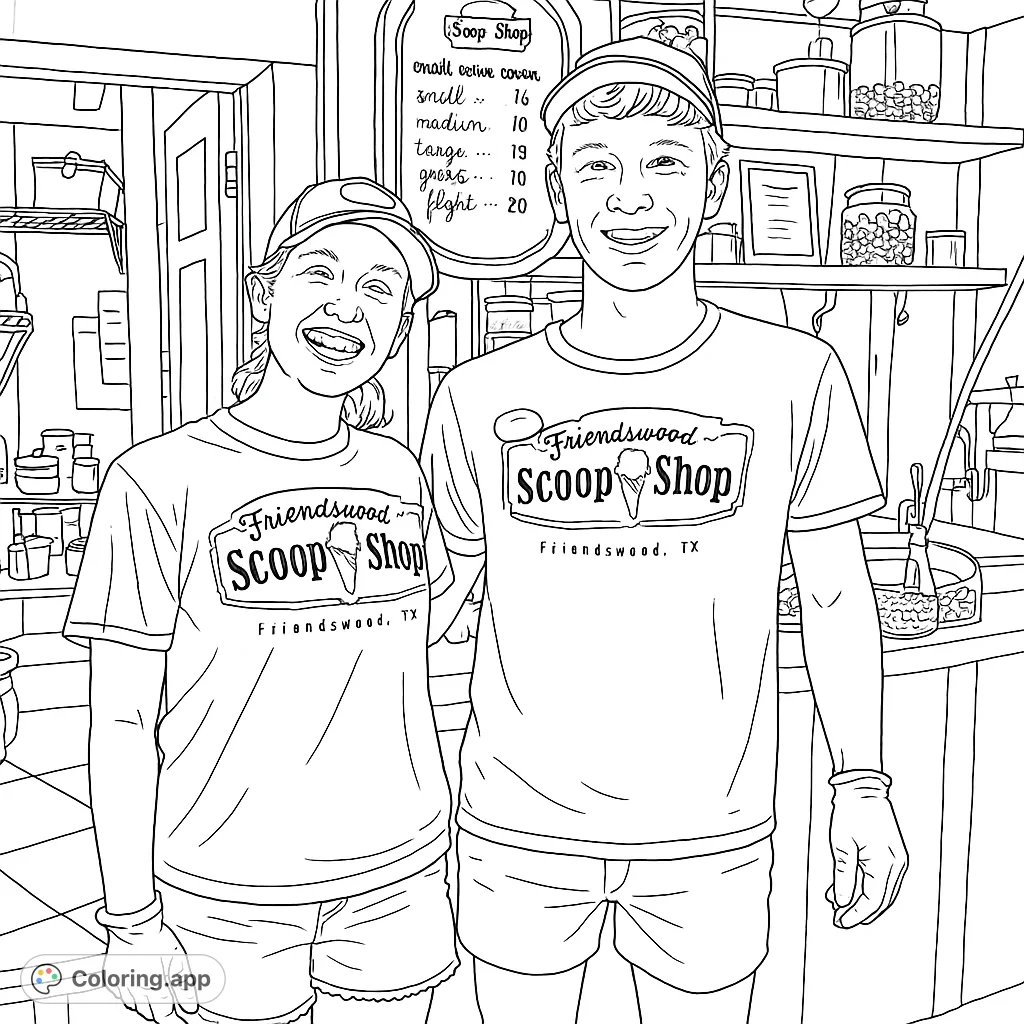 A happy ice cream shop employee duo! Features a fun, local business.