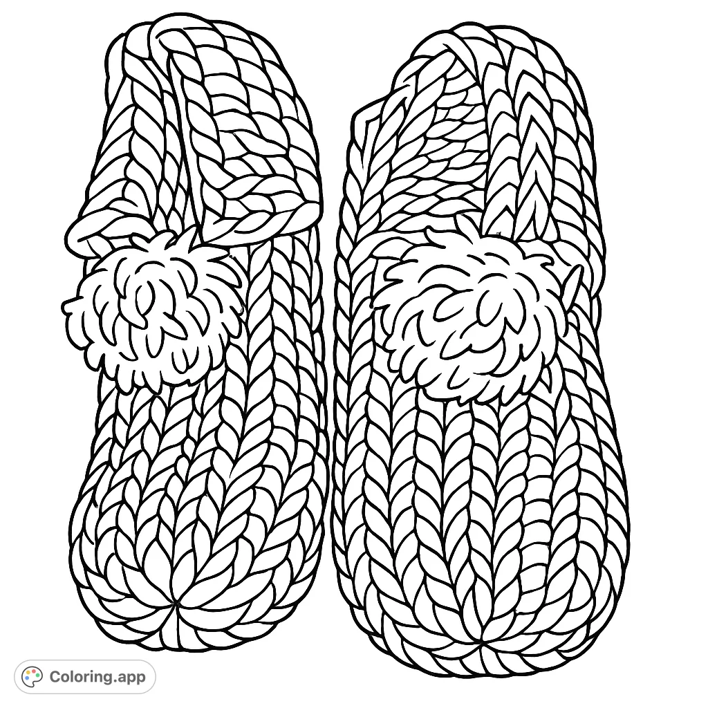 A charming free printable knitted slippers coloring page, perfect for cozy vibes. Features intricate cable-knit textures and fluffy pom-poms.