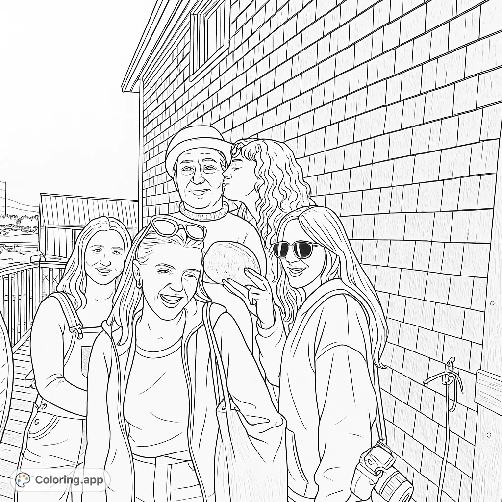 A heartwarming family gathering by a shingled house, featuring smiling faces and a coastal backdrop. A free printable family coloring page.