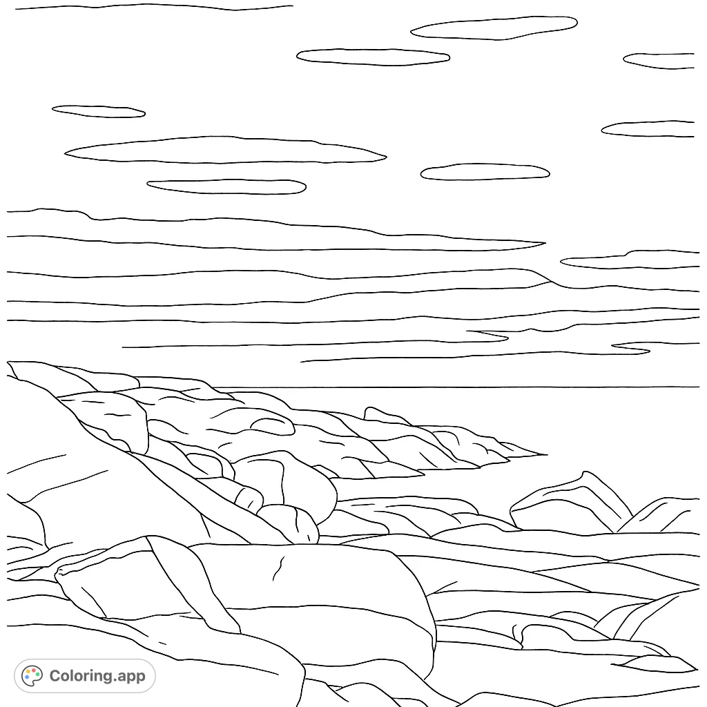 Explore a peaceful coastal scene with large, smooth rocks, calm ocean, and serene clouds. A free printable nature coloring page for all ages.