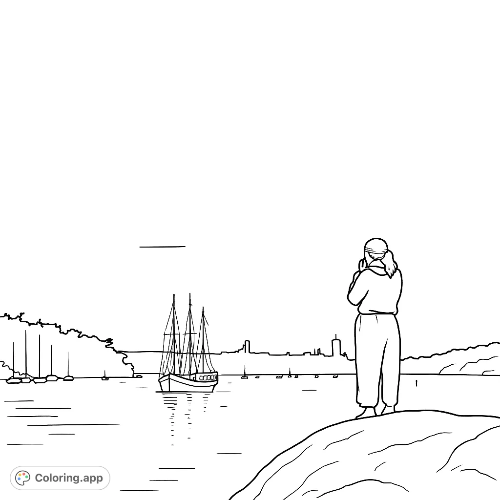 A serene coastal scene featuring a person on rocky shore gazing at a majestic sailboat and distant city skyline. Perfect for a relaxing coloring experience.