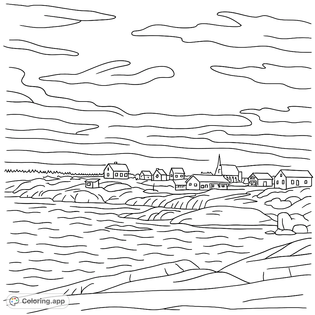 Explore a charming coastal village coloring page, featuring houses, a church, rocky shores, and wavy waters under a cloud-filled sky. A free printable coloring page for all ages!