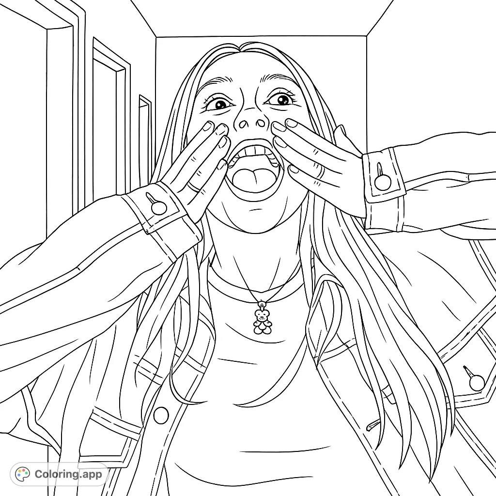 Dynamic coloring page of a person shouting with hands cupped, long hair, and a teddy bear necklace. Expressive and fun for all ages!