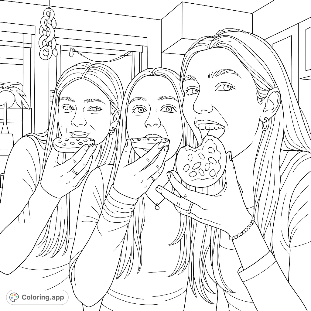 Three happy friends enjoy delicious cookies in this fun, free printable cookie coloring page. A delightful activity for kids and adults.
