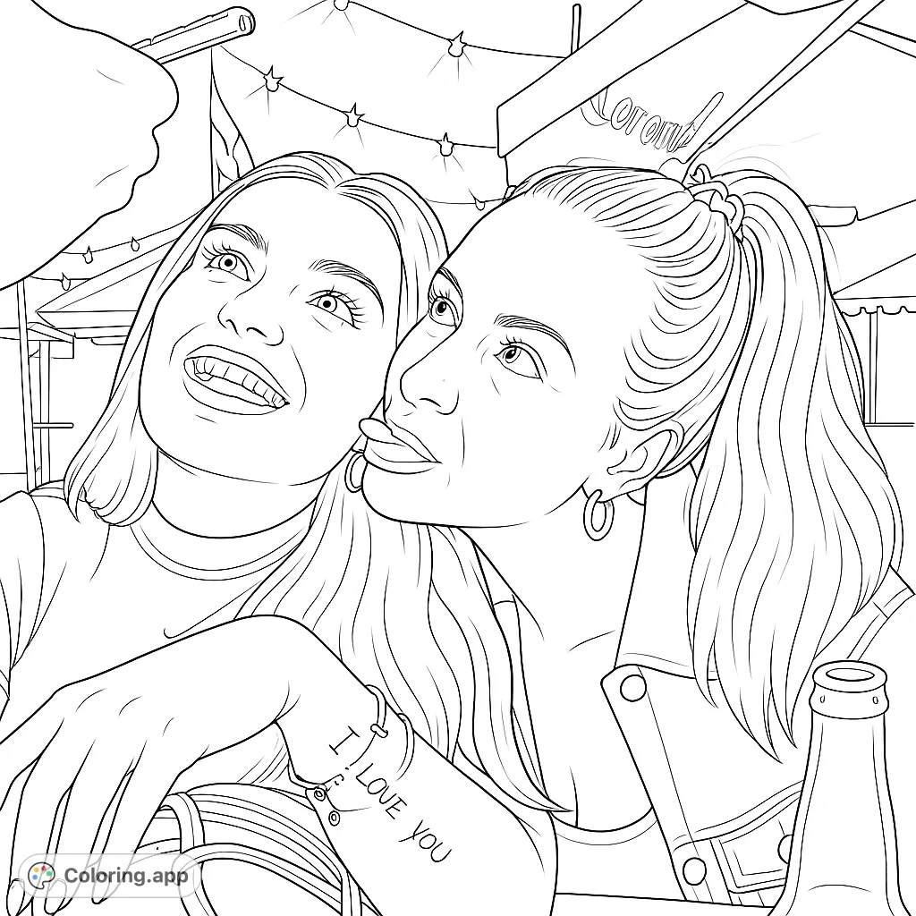 Capture a joyful, playful moment between two friends under festive lights. A fun, free printable coloring page for all ages.