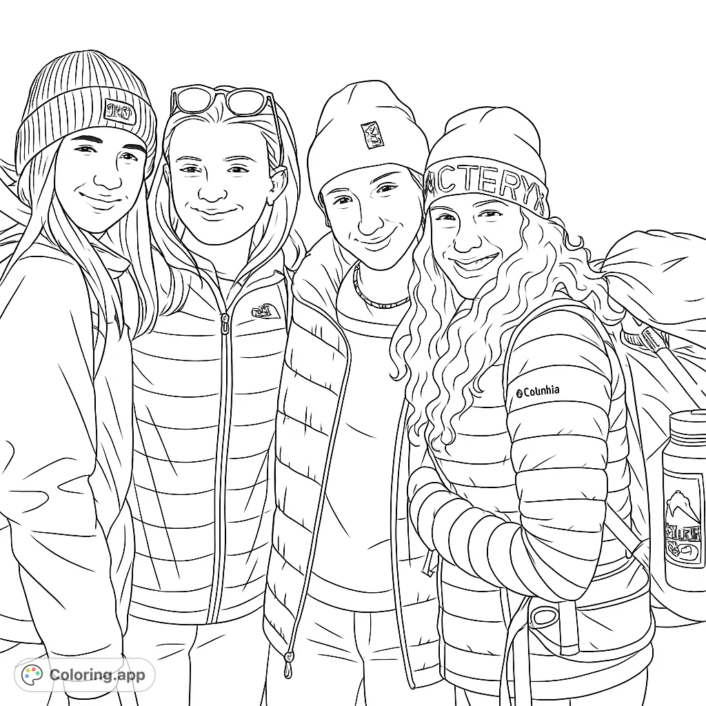 Four smiling friends in outdoor gear, ready for adventure. A free printable outdoor adventure coloring page for kids and adults.