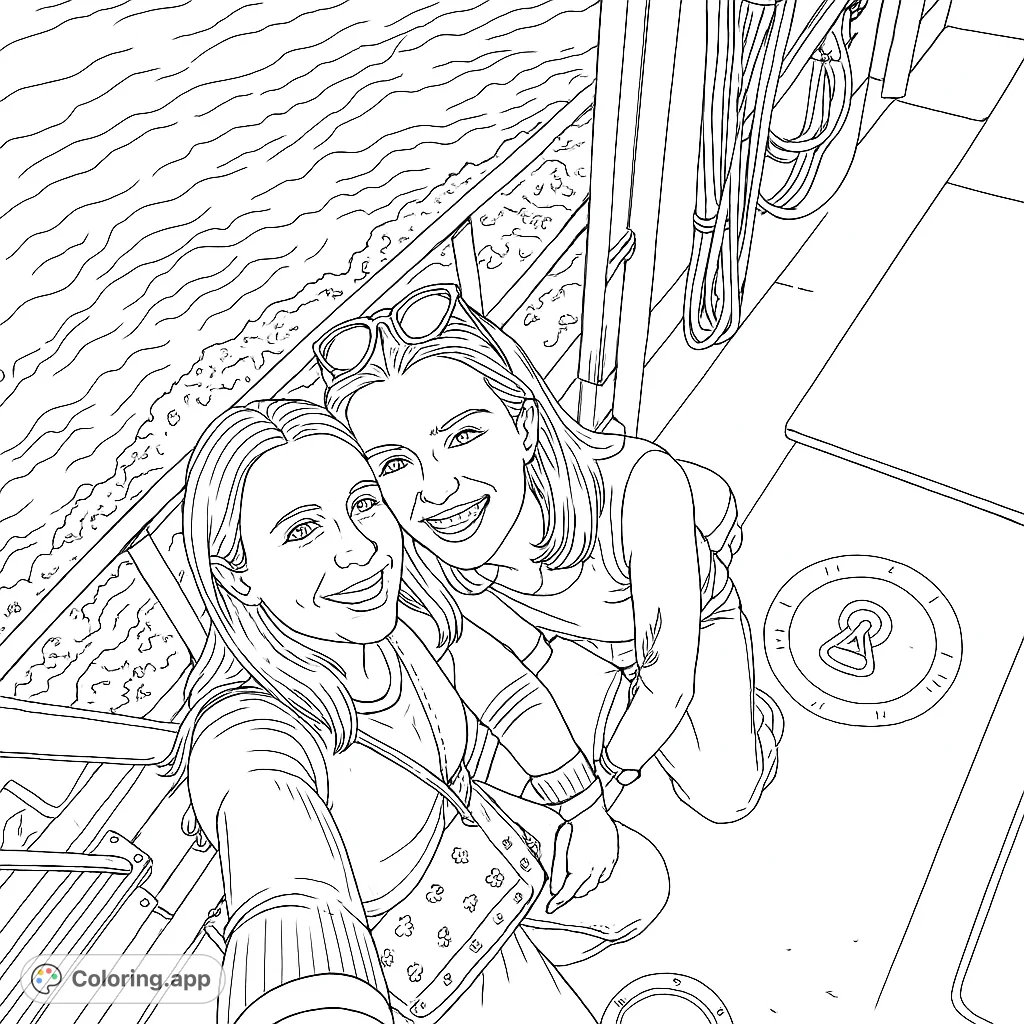 Capture joy with this boat trip selfie coloring page! Two smiling friends on a deck with water ripples.