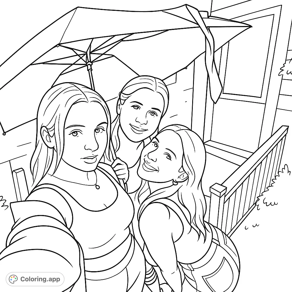 Capture friendship with this free printable friends selfie coloring page! Three women pose under an umbrella, perfect for creative expression and fun.
