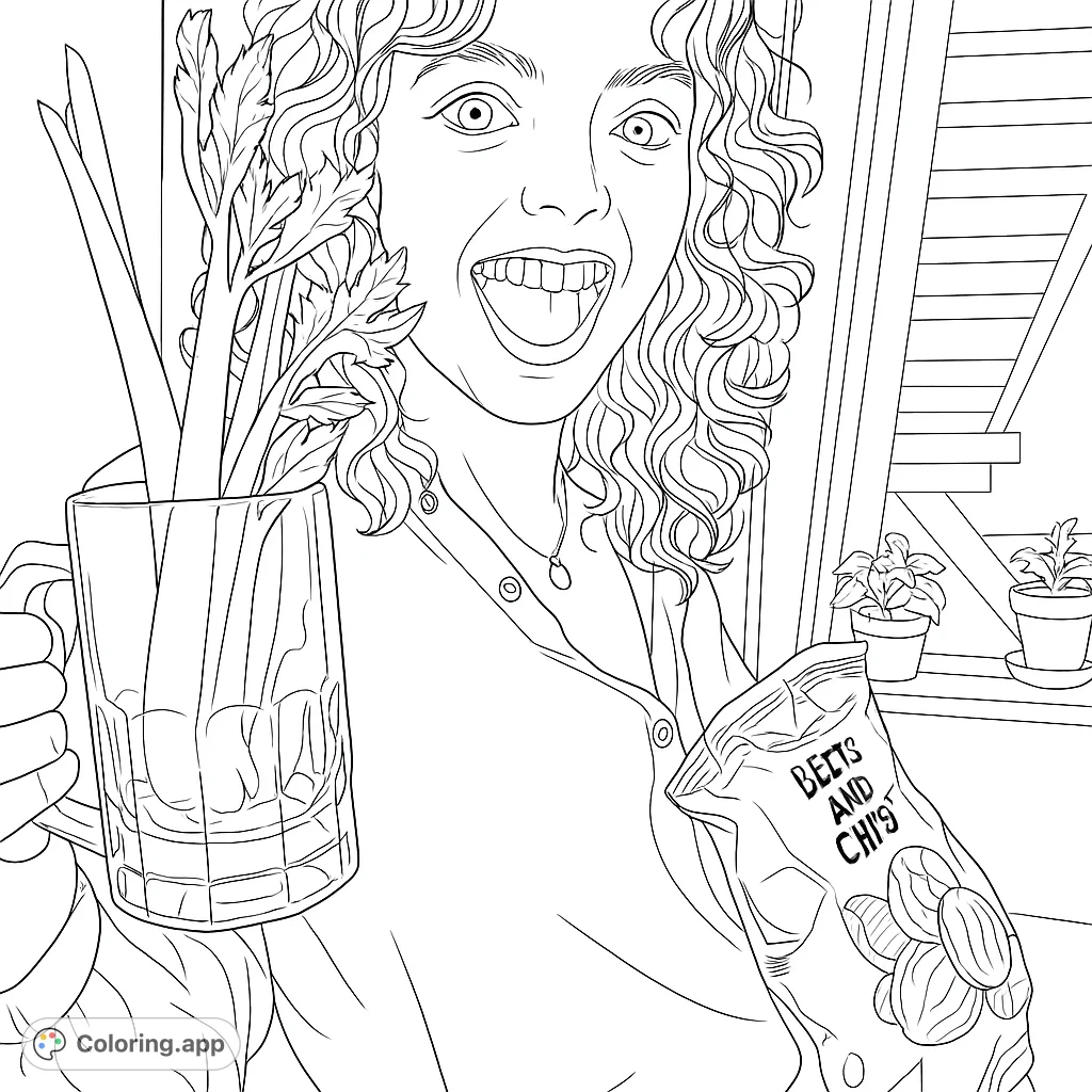 A cheerful person holding fresh celery and a snack bag, perfect for a healthy eating coloring page. Free printable for all ages.