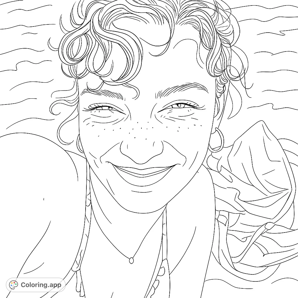 A delightful close-up portrait of a smiling person with curly hair and freckles, perfect for a joyful coloring experience.