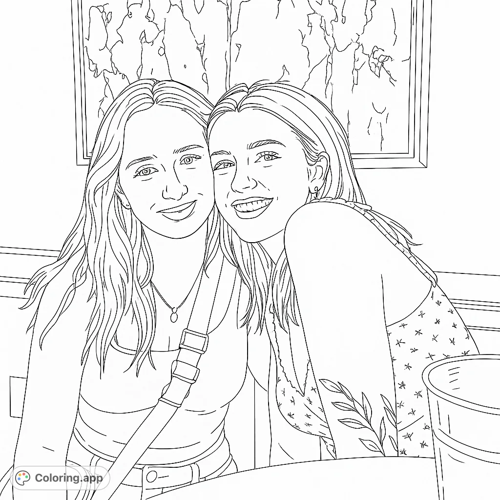 Capture the warmth of friendship with this free printable coloring page featuring two smiling women. A beautiful portrait for all ages.