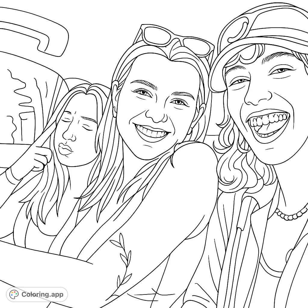Three happy friends capture a joyful selfie, with smiles, laughter, and playful poses. A fun, free printable coloring page for all ages.