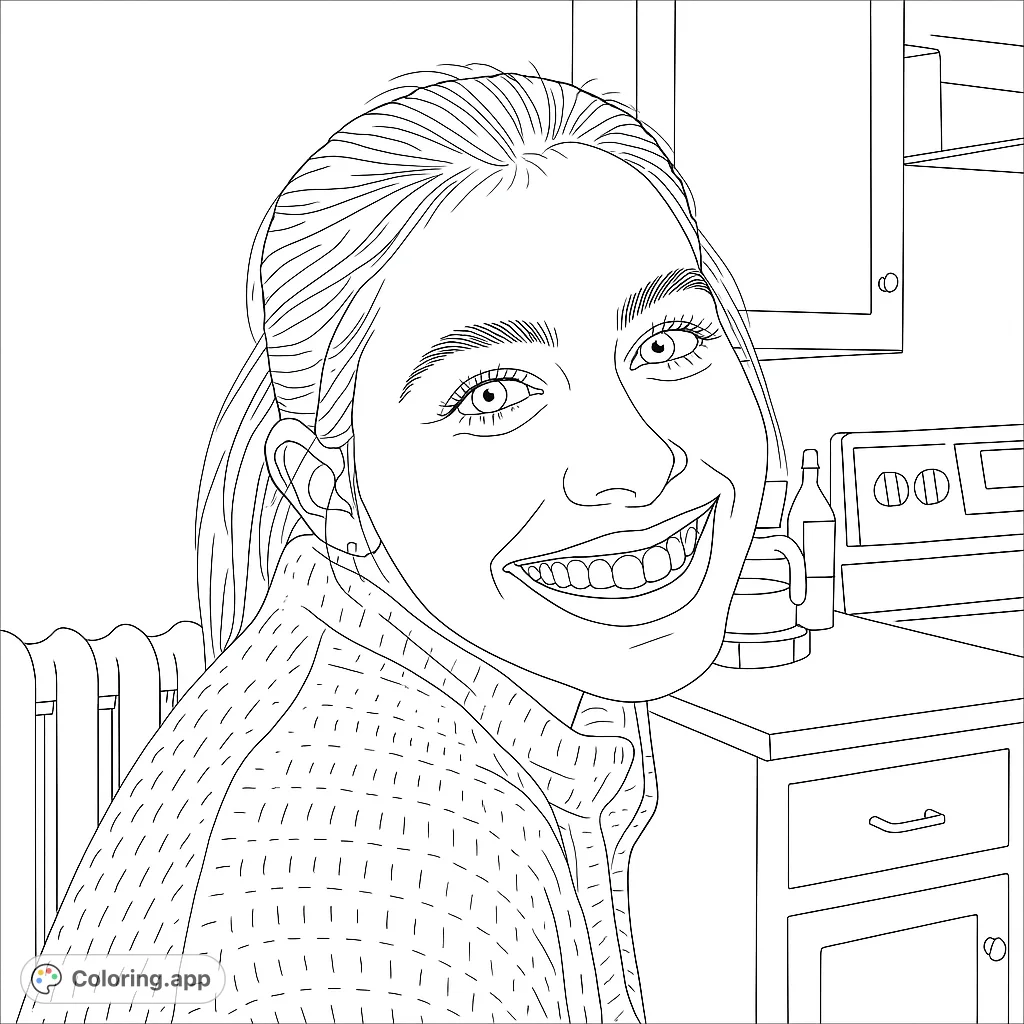 A cheerful young woman with a wide smile looks over her shoulder in a kitchen setting. Perfect for a relaxing portrait coloring page experience.