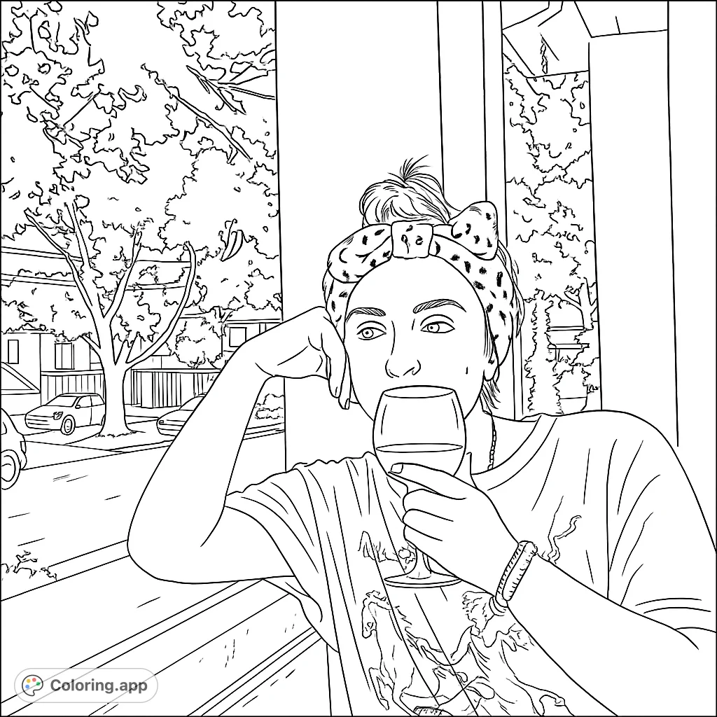Capture a serene moment with this detailed coloring page featuring a person enjoying a drink outdoors. Perfect for relaxation and creative expression.