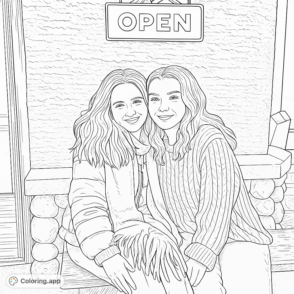 Two smiling friends on a bench with an 'OPEN' sign above, perfect for a friendship coloring page. A free printable coloring page for all ages.
