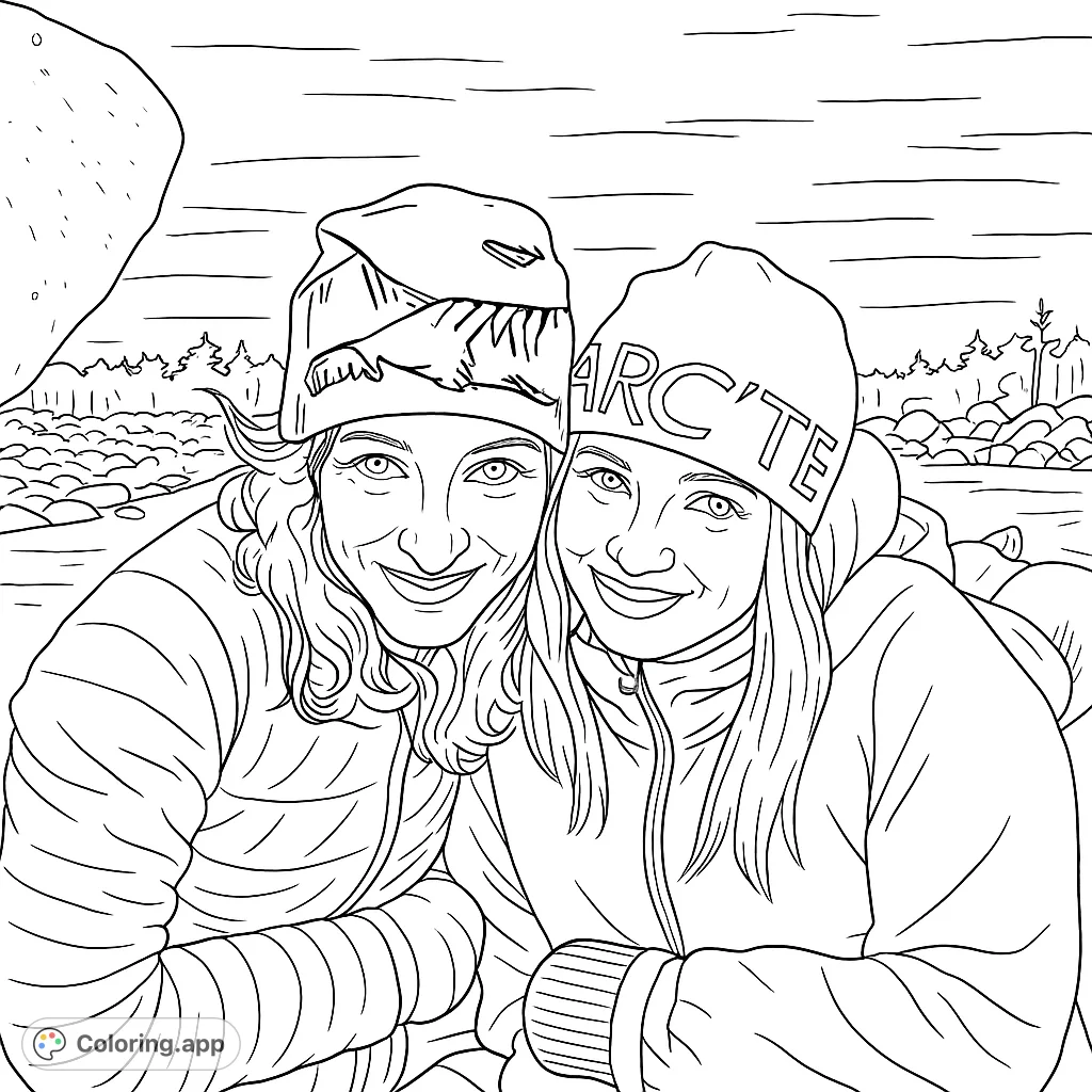 Capture the joy of friendship and outdoor adventure with this free printable coloring page featuring two smiling women in a scenic landscape.
