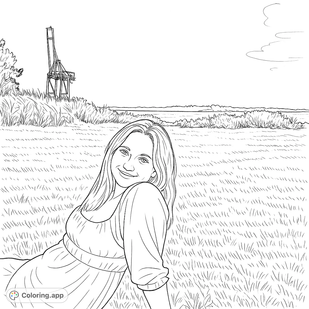 A serene free printable coloring page featuring a smiling woman in a grassy field with a distant lake and industrial crane, perfect for nature and portrait coloring pages for adults.