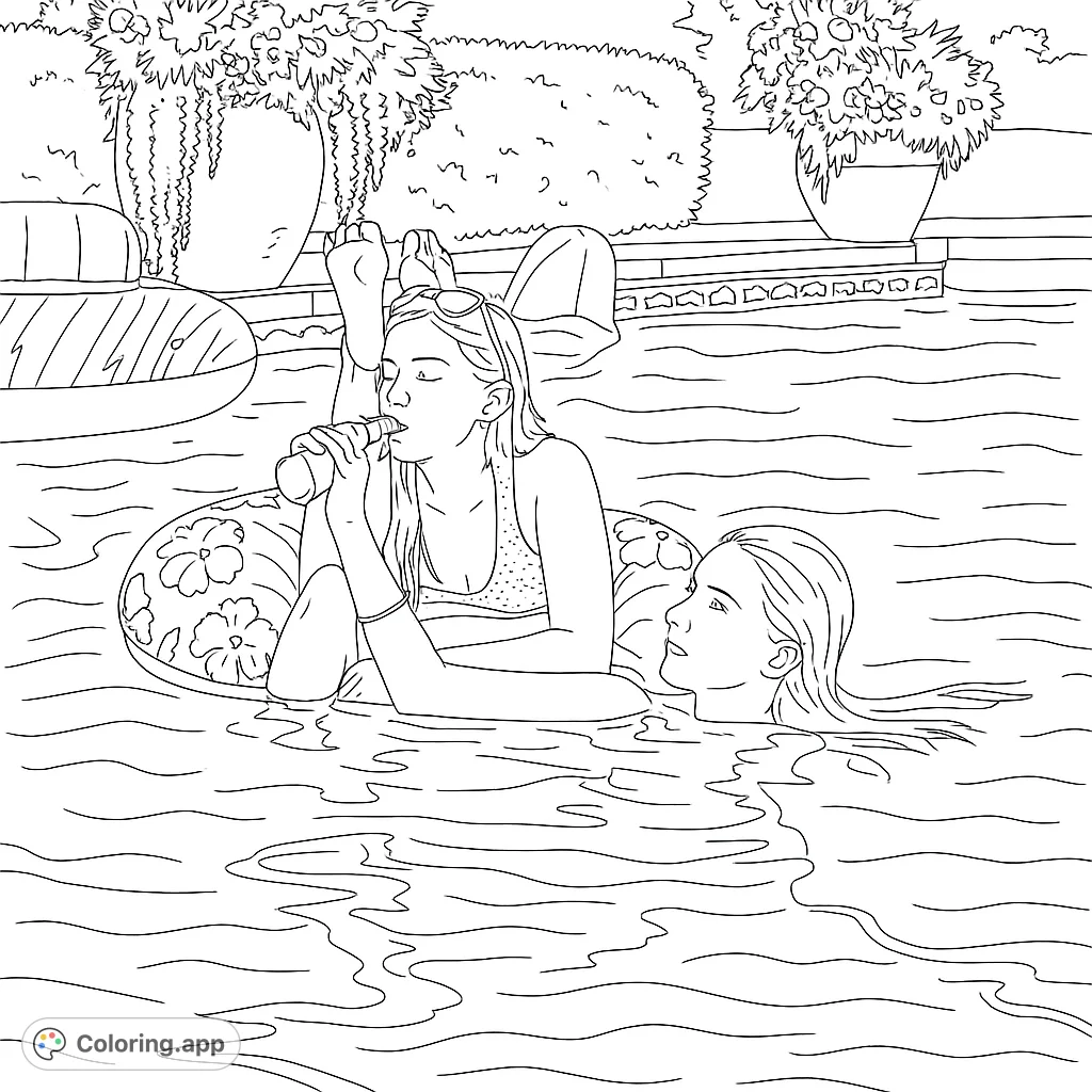 Dive into summer fun with this free printable pool day coloring page! Two friends relax in the water, perfect for a sunny escape.