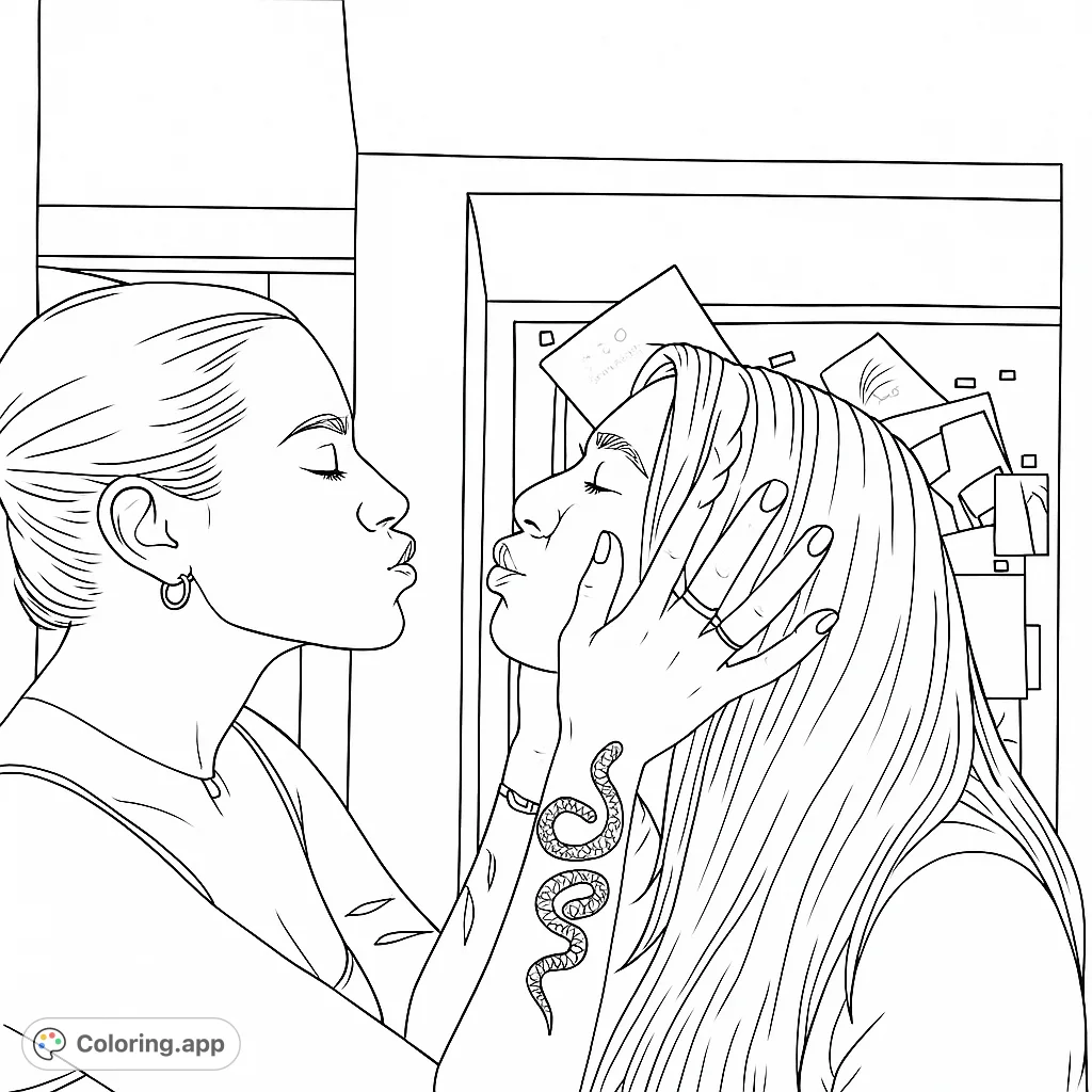 A tender moment captured in a romantic embrace, featuring two women about to kiss. Perfect for a free printable coloring page, celebrating love and connection.