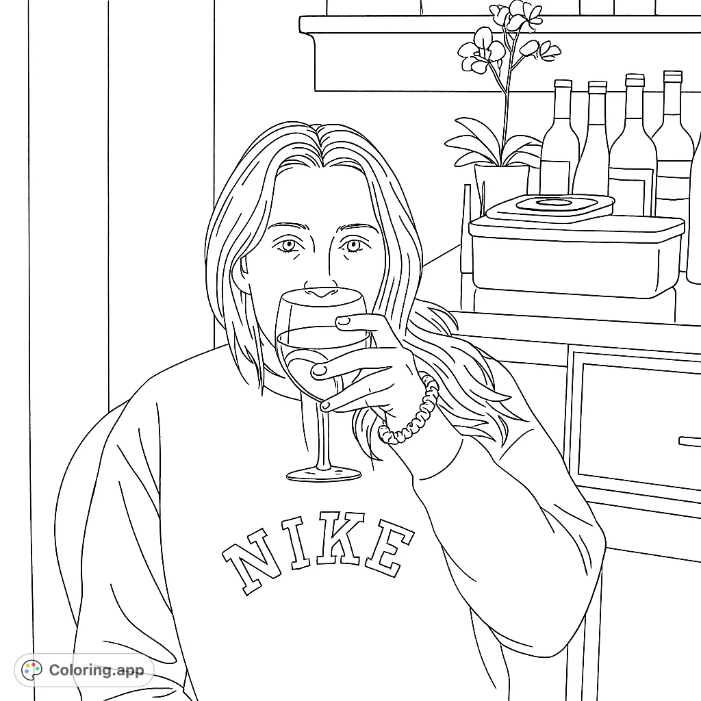 Relaxing woman sips wine, surrounded by bottles and an orchid. A free printable adult coloring page for unwinding and creative expression.