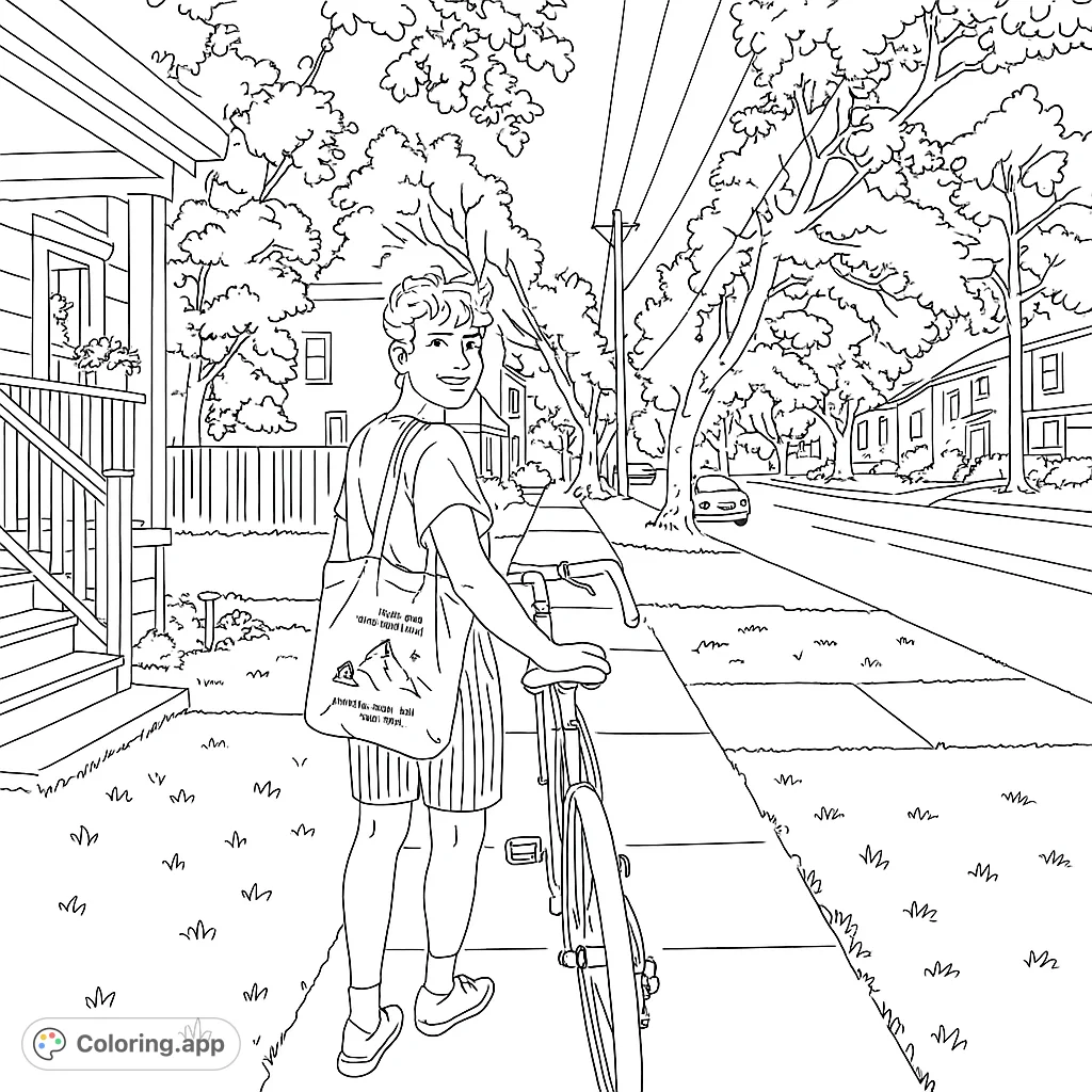 A young person stands with their bicycle on a tree-lined street, looking back with a friendly smile. Features houses, trees, and a car in the background.