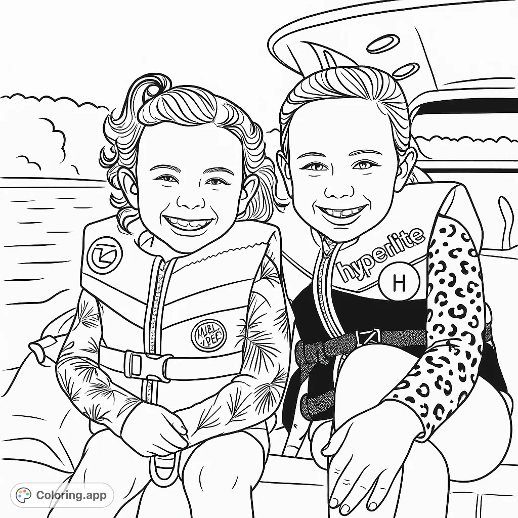 Two happy girls in life vests on a boat, ready for a water adventure. Features detailed clothing patterns and a scenic lake background.