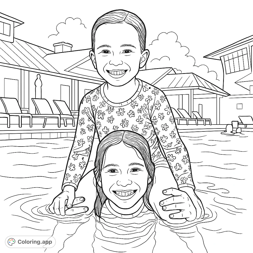 Two joyful kids playing in a pool, one on shoulders, with a resort background. A fun, free printable pool coloring page for all ages.