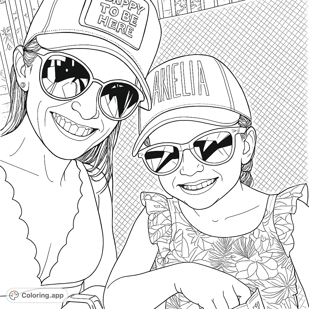 A heartwarming free printable coloring page featuring a smiling adult and child in hats and sunglasses, perfect for family fun.