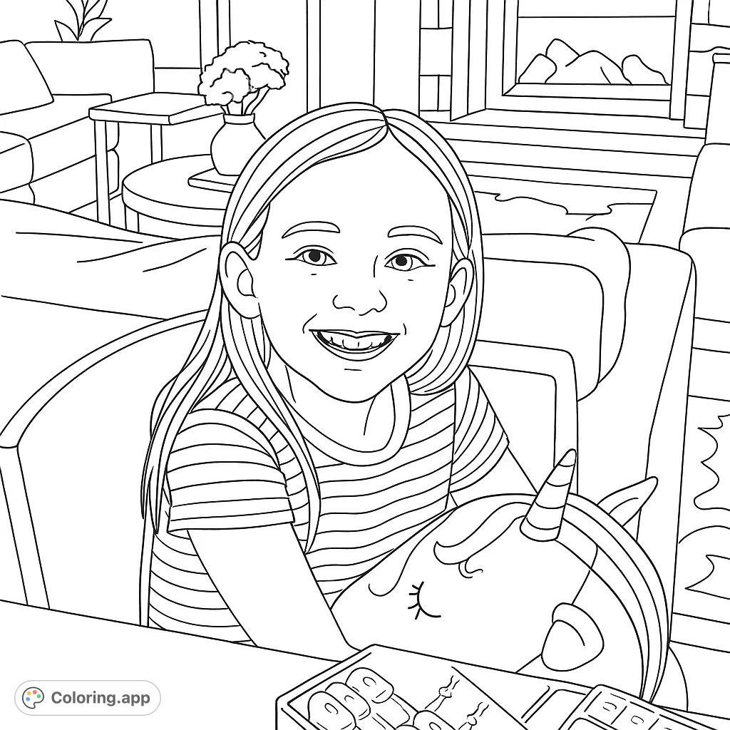A joyful girl with her unicorn toy in a cozy living room. A free printable coloring page for kids and adults, perfect for a relaxing activity.