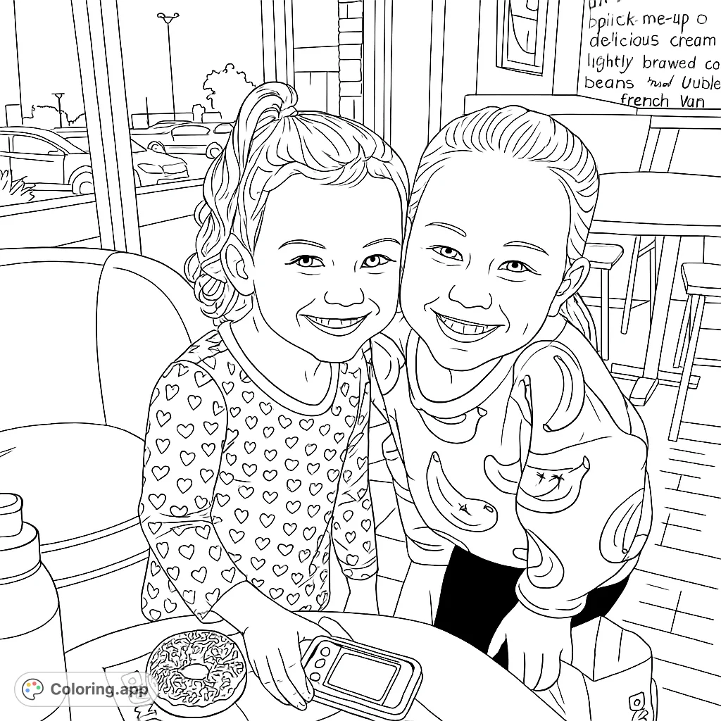 Two joyful girls share a sweet moment in a cafe, featuring a donut and playful patterns. A delightful free printable coloring page for kids.