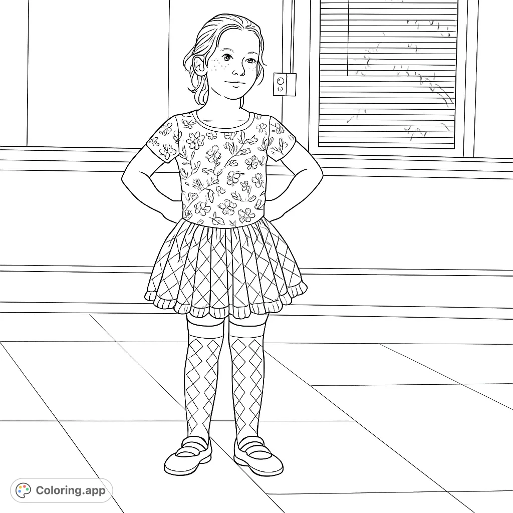 A charming girl in a floral top and patterned skirt stands confidently, ready for a burst of color. A delightful free printable coloring page for kids and adults.