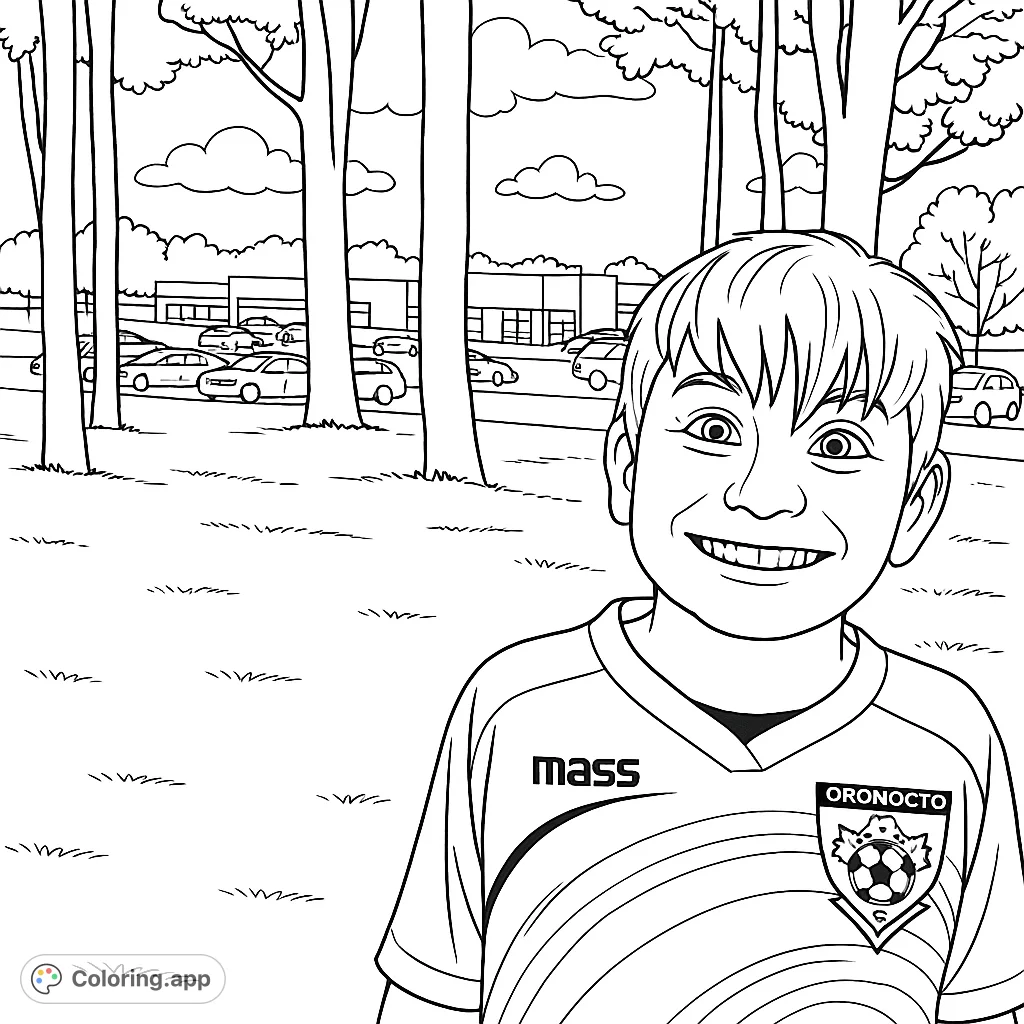 A cheerful boy in a soccer jersey smiles, ready for action. Features a park background with trees, cars, and buildings.