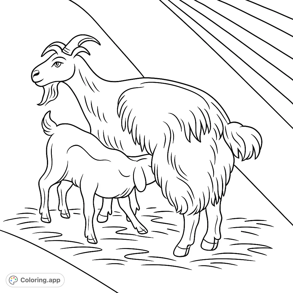 Detailed coloring page of a goat nursing her kid. A sweet farm scene with a mother and baby animal.