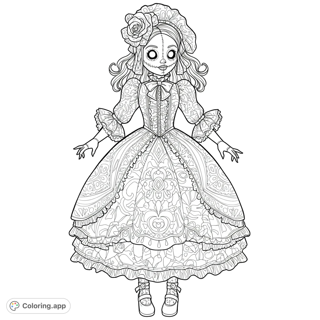 An enchanting gothic doll in an elaborate Victorian dress, featuring intricate patterns and stitched facial details, perfect for detailed coloring.