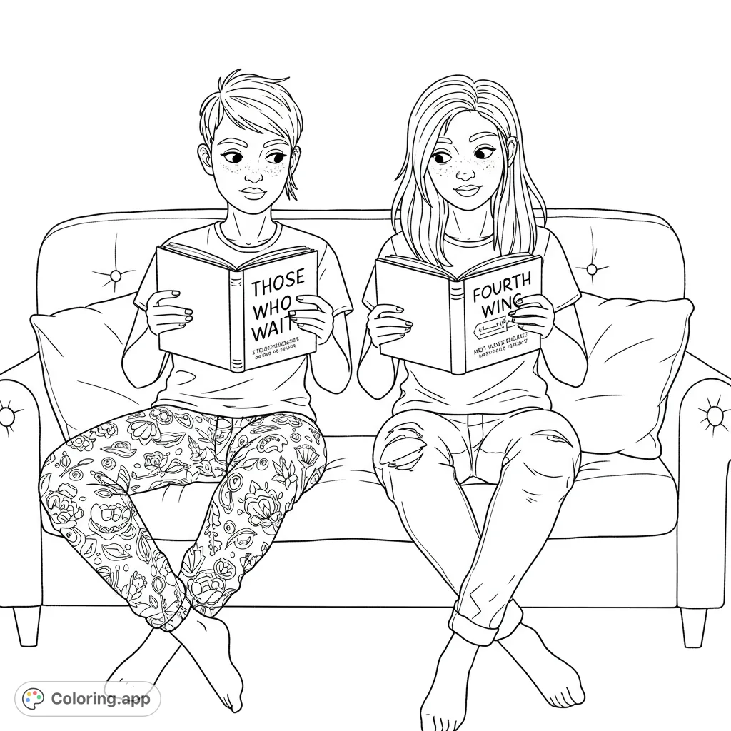 Two young women relaxing on a sofa, engrossed in reading their books. A cozy scene perfect for quiet moments and creative coloring.