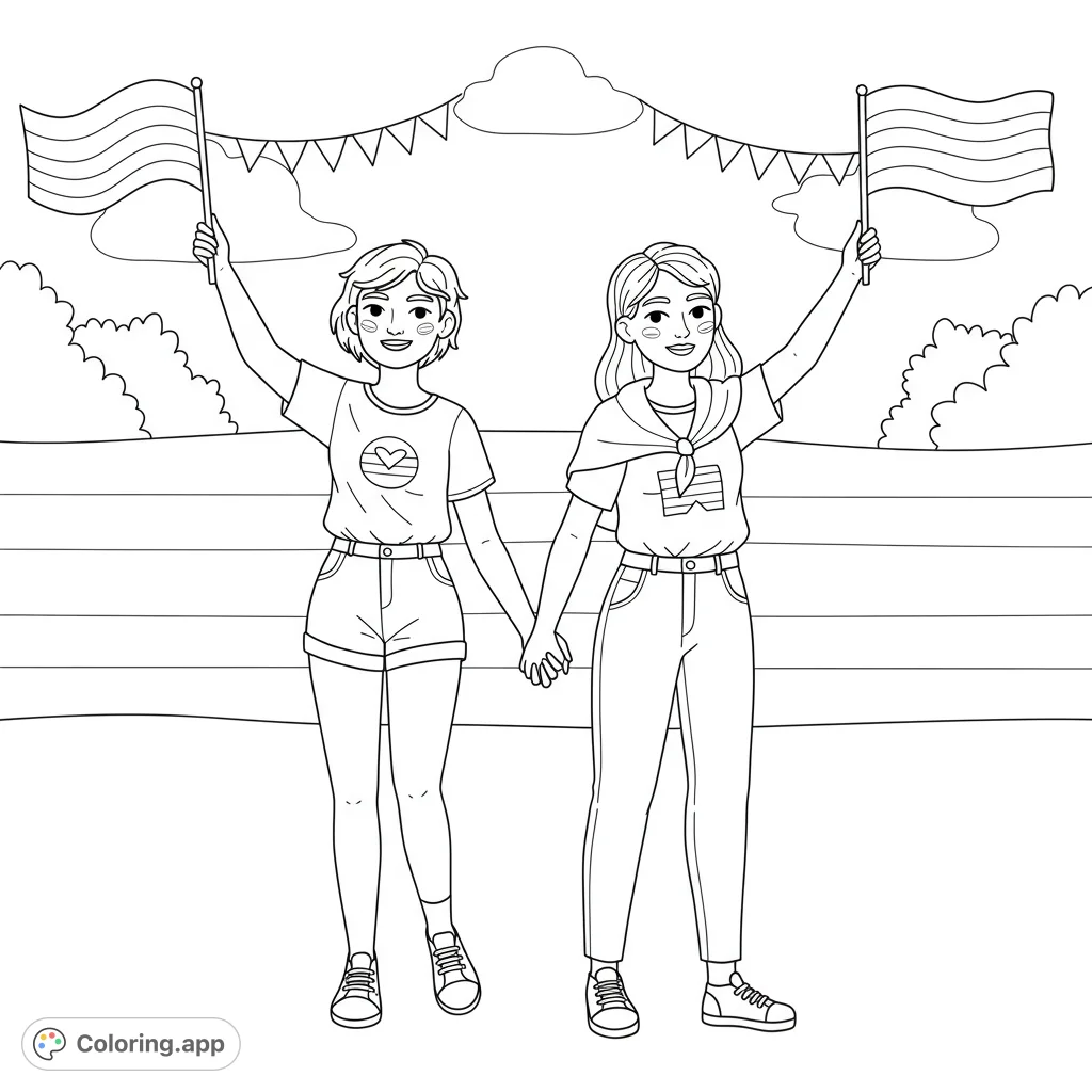 Two smiling women hold hands and wave flags, celebrating unity and joy with festive banners and a vibrant background. Perfect for all ages!