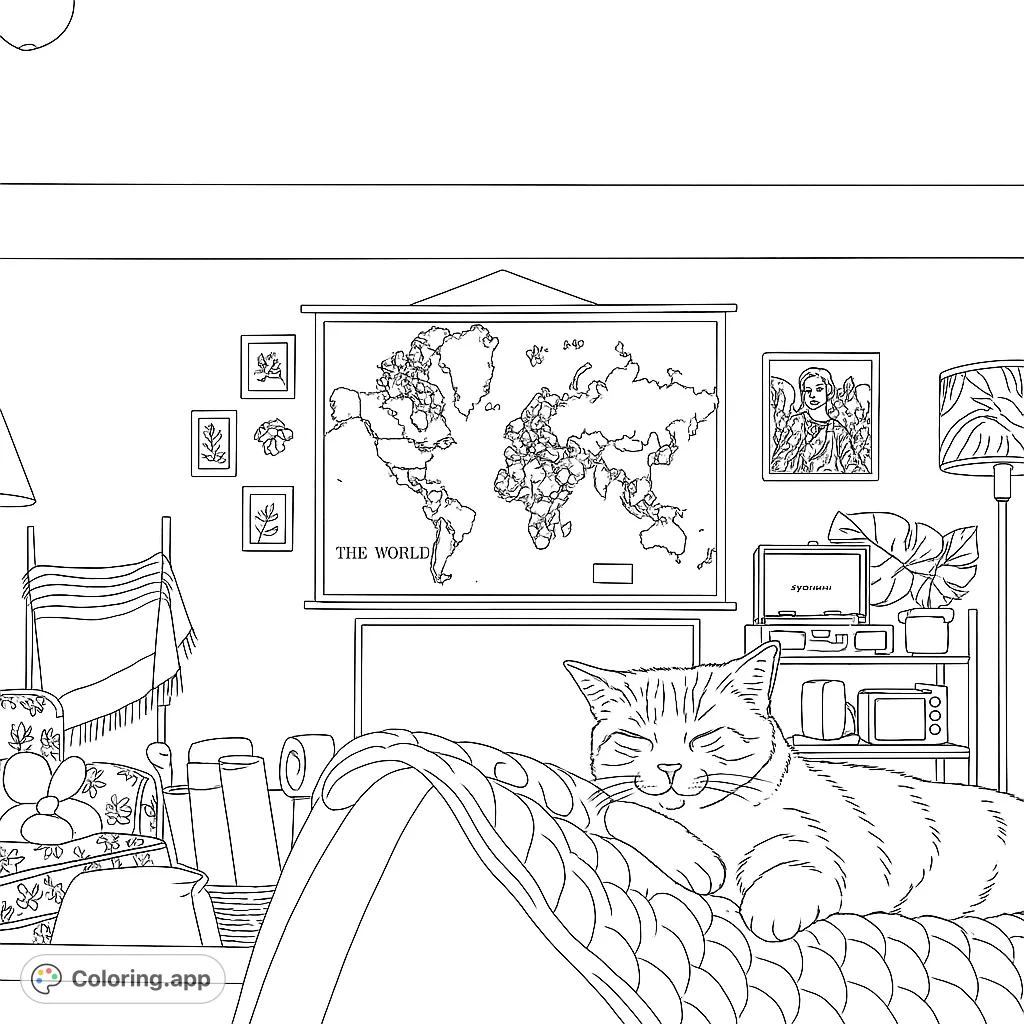 A peaceful cat naps on a quilted sofa in a cozy room with a world map, plants, and home decor. Perfect for relaxation.