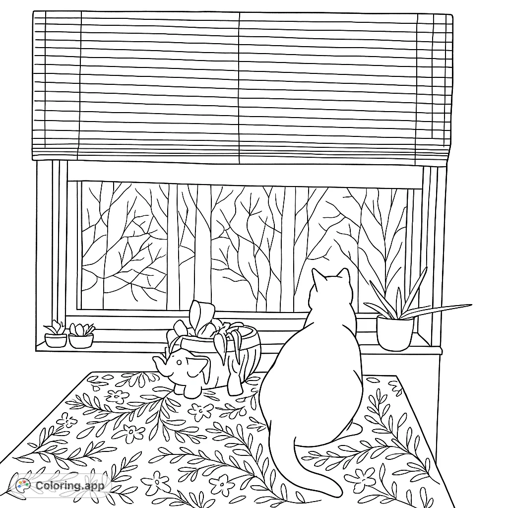 A cozy cat gazes out a window at bare trees, surrounded by potted plants and a floral rug. A charming scene for mindful coloring.