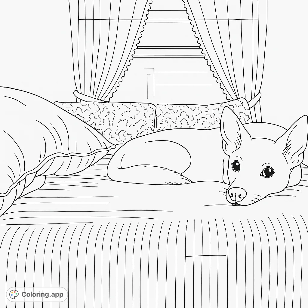 A charming black and white line drawing of a dog relaxing on a cozy bed with pillows and curtains, perfect for a peaceful coloring experience.