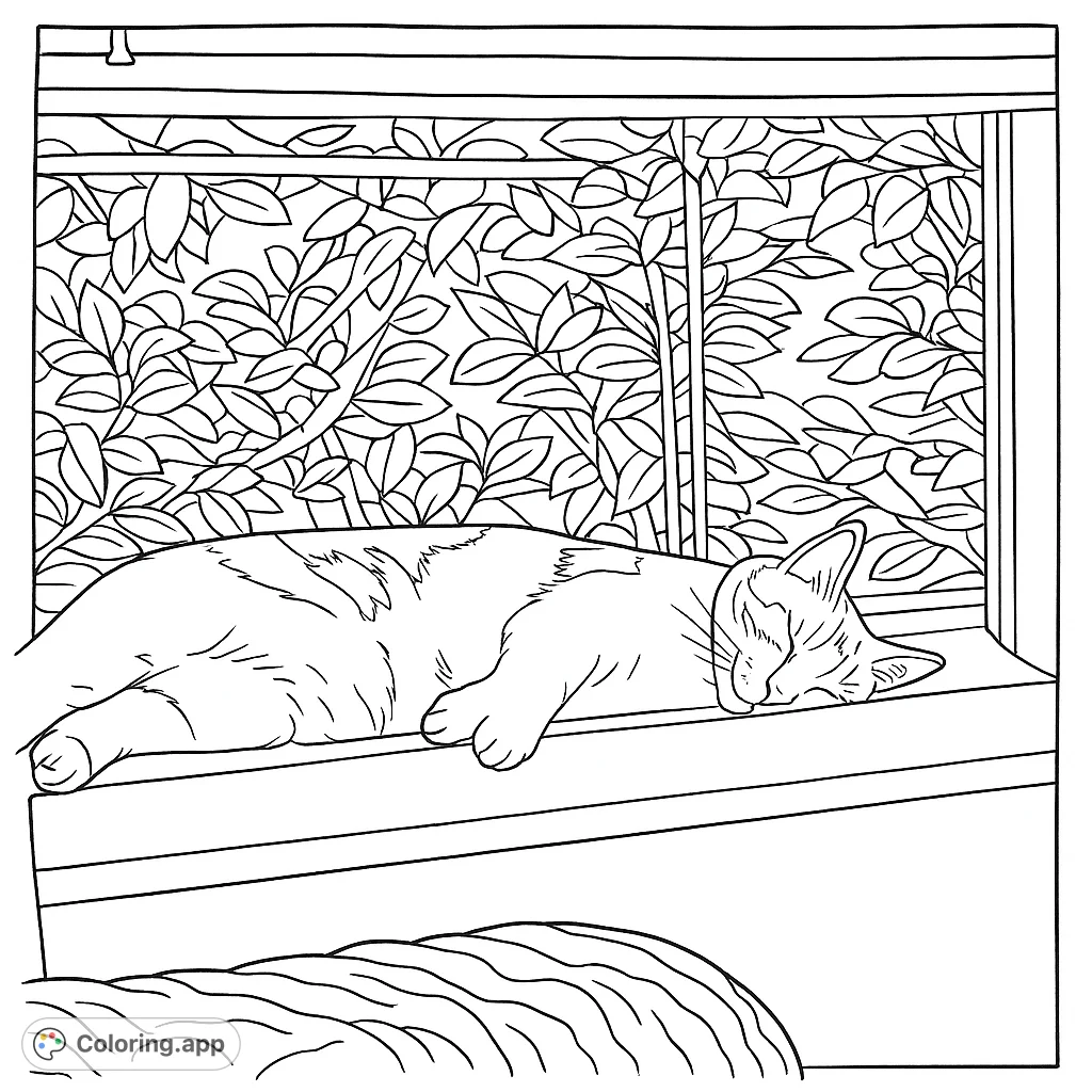 A peaceful cat naps on a sunlit windowsill, surrounded by lush foliage. A cozy and relaxing free printable cat coloring page for all ages.