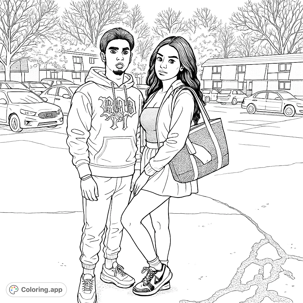 Color a stylish young couple in an urban street scene. Features detailed streetwear, parked cars, and bare trees.