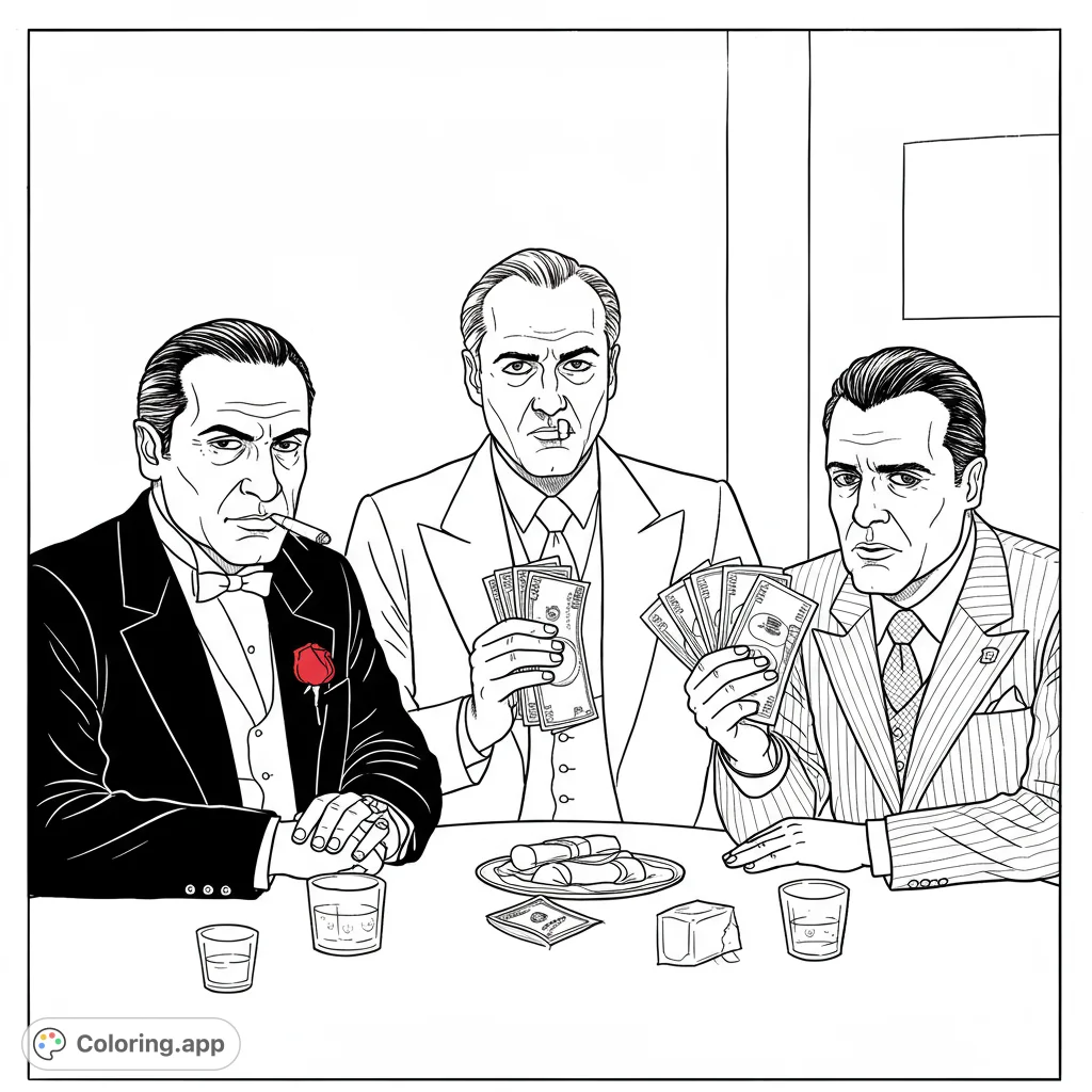 Step into the roaring twenties with this vintage mobster coloring page. Three dapper men, money, and mystery await your creative touch.