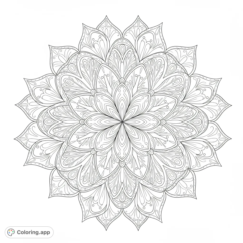 Discover an intricate floral mandala, perfect for mindful coloring. This detailed design offers a meditative escape, enhancing focus and creativity for all ages.