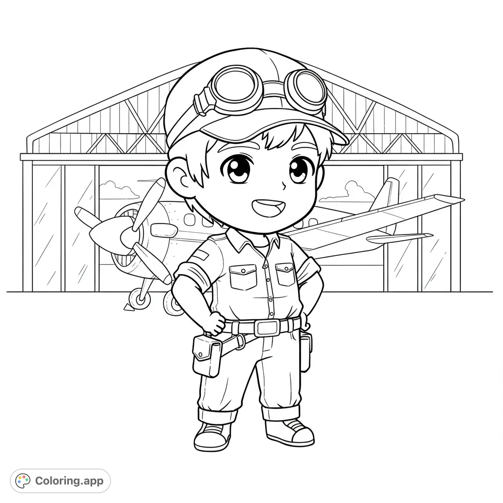 A cute aviator boy stands proudly in front of a propeller plane inside a hangar. A fun, free printable coloring page for kids and aviation enthusiasts.